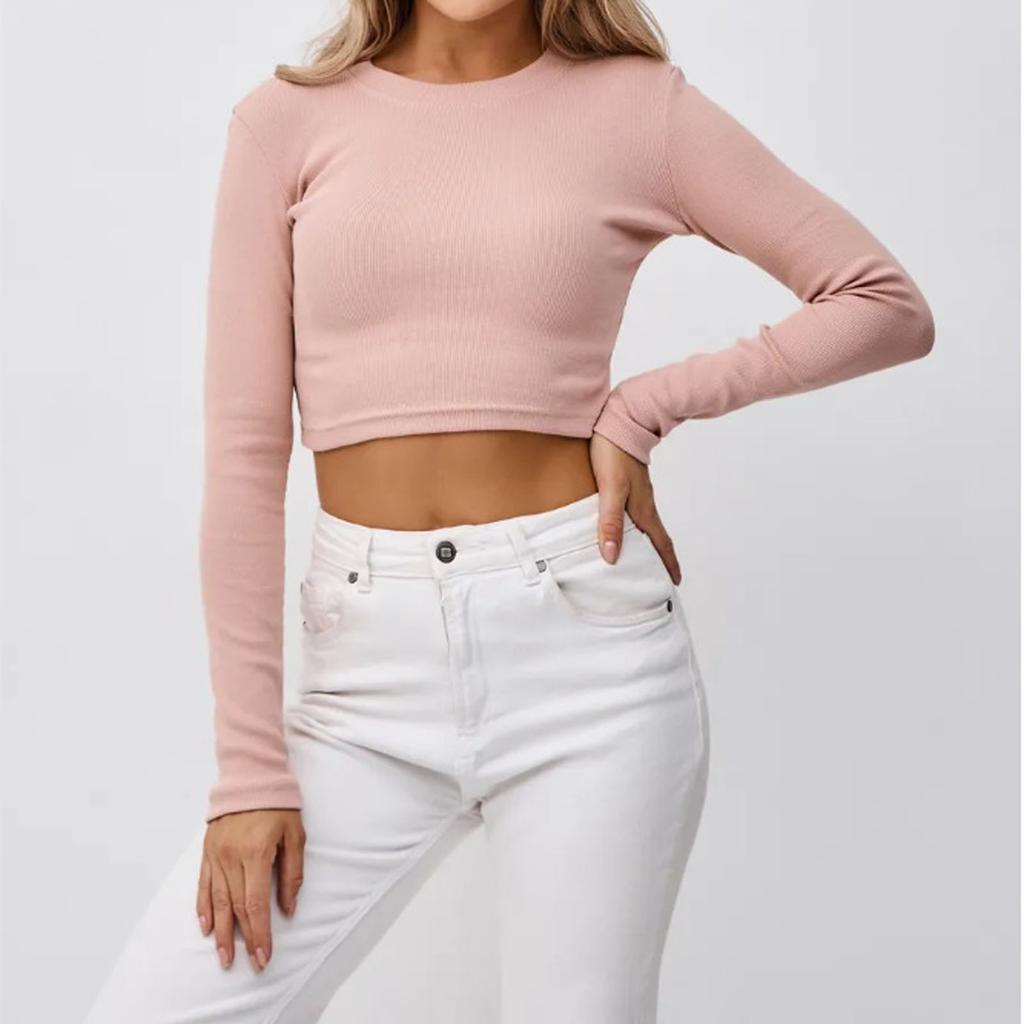 Women's Round Neck Long Sleeve Knit Ribbed Fitted Casual Basic Shirts