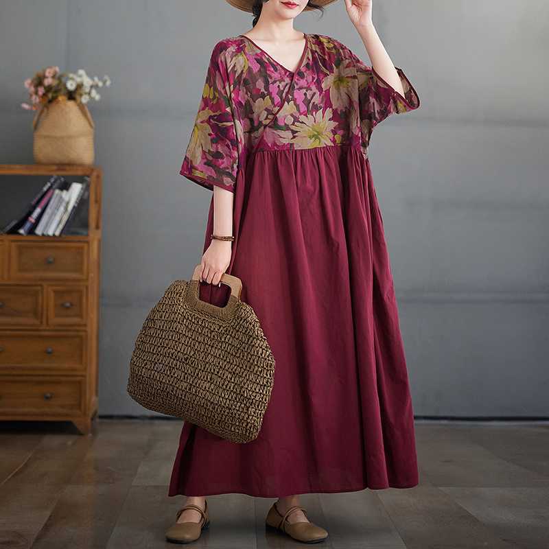 Cotton and Linen Summer Patchwork Retro Style Dress, Plus Size Long Skirt