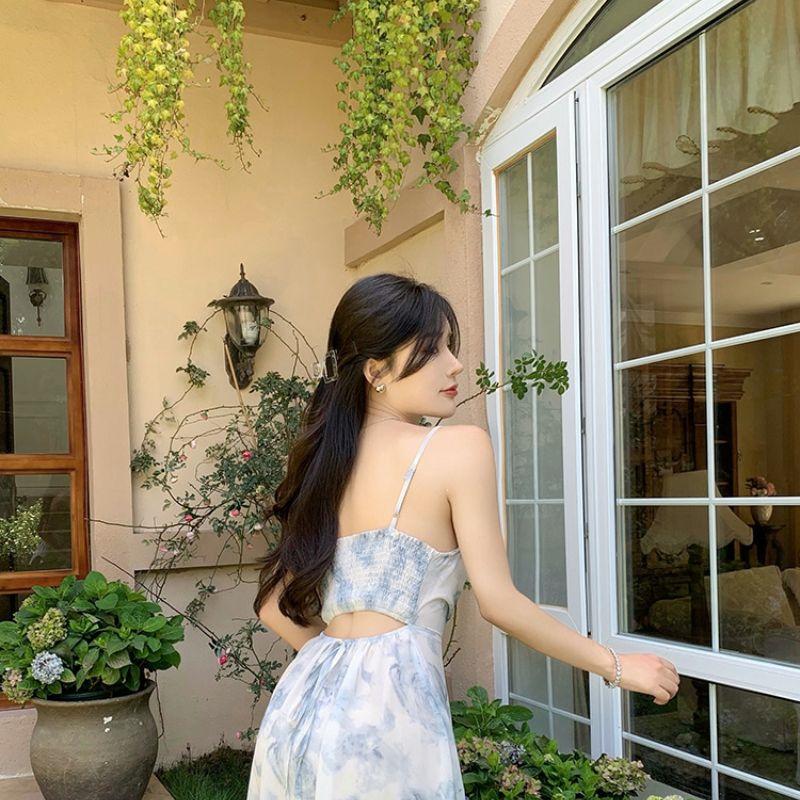 Women's Blue Floral Strappy Dress - French Tea Party, Waist-Cinched, Long Summer Beach Dress