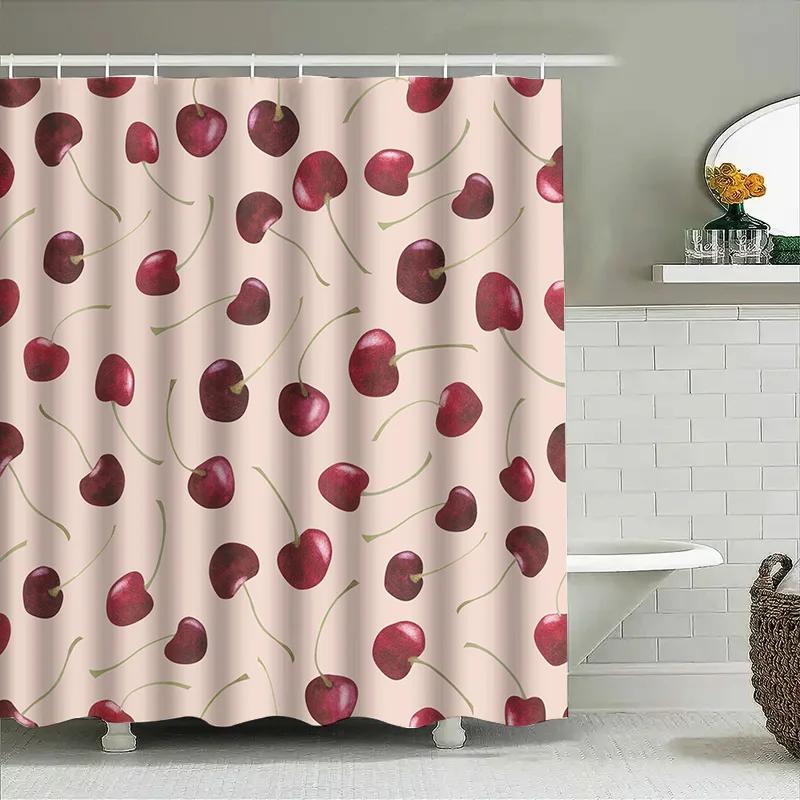 Tenda da Doccia con Stampa di Ciliegie, Decorazione Floreale Rossa Rustica per Bagni, Sfondo Rosa con Steli Verdi, Tessuto Impermeabile, Appendi