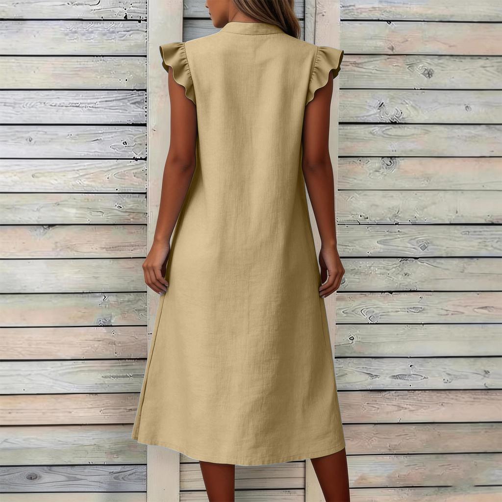 Women V Neck Dress with Petal Sleeves Three Button Front Design and Side Pockets Casual Loose Fit Midi Dress for Everyday Wear