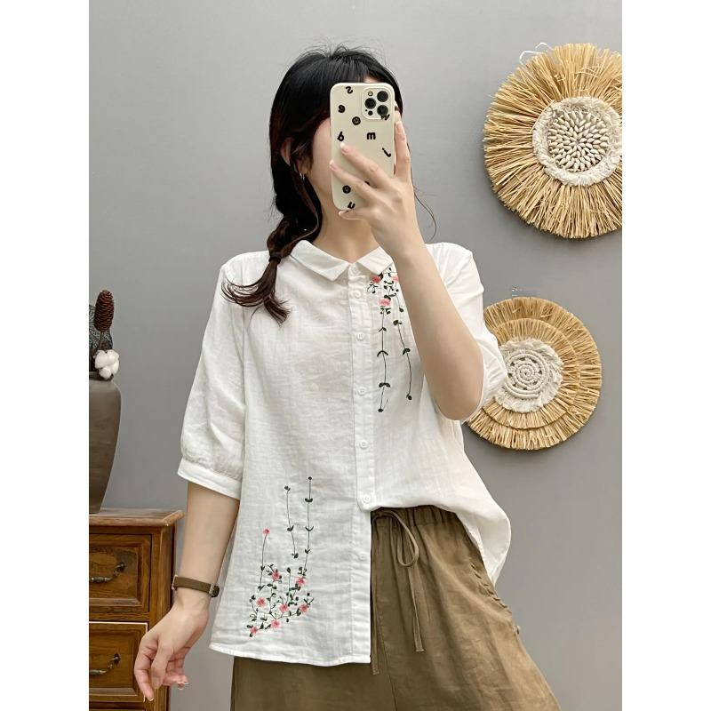 Summer Yarn Half Sleeve Shirts Lapel Embroidery Commute Girl Casual Sweet Loose OL Blouse Autumn