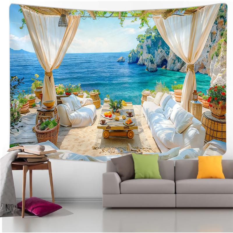 Wall Tapestry with Beach View, Ocean and Palm Tree Art, Tropical Style Design, Bohemian Decoration for Living Room and Bedroom.