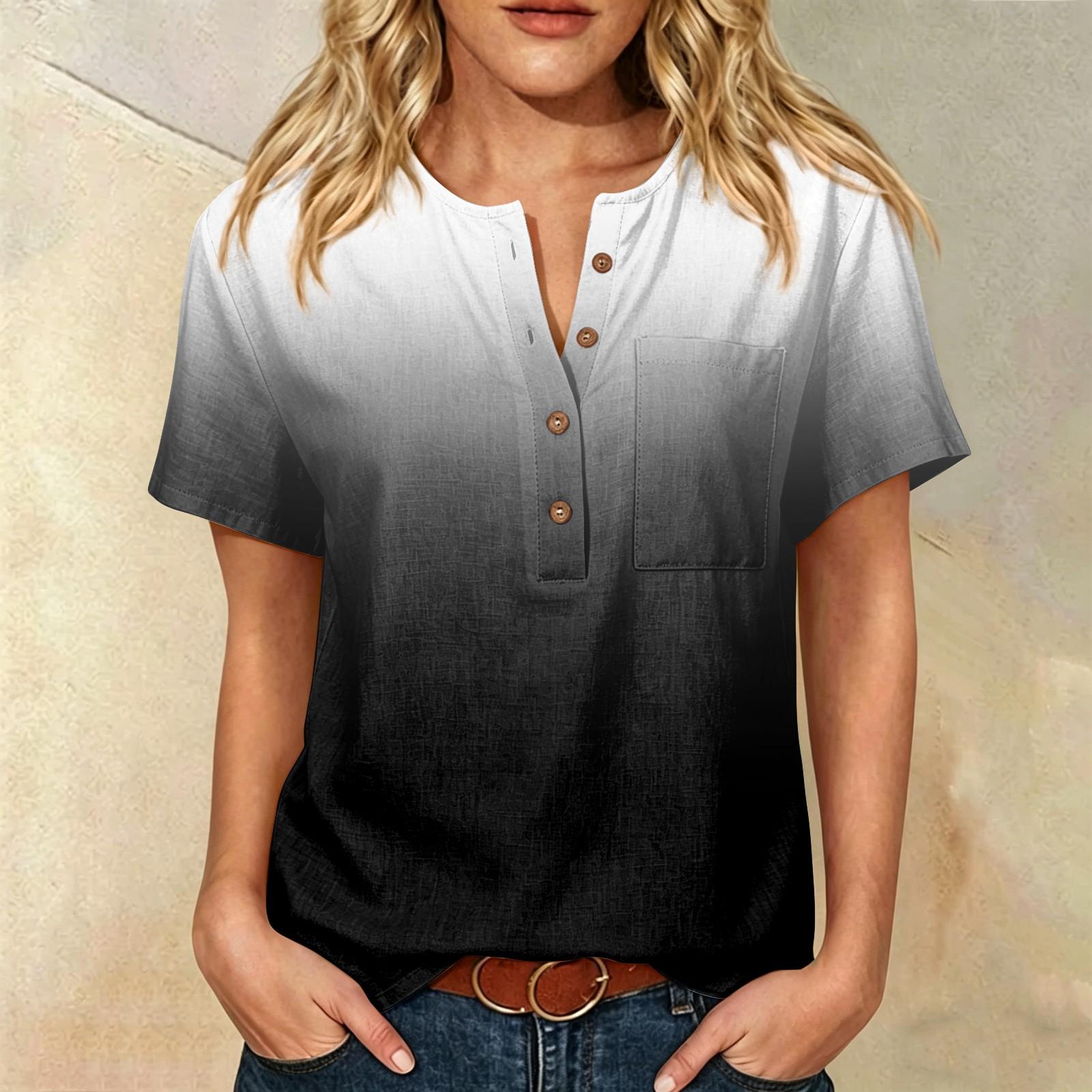 

Women’s Fashion Printed Henley Button Neck Short Sleeve Cotton Linen Shirt with Chest Pocket Gradient Design Loose Fit Top XXXL чёрный