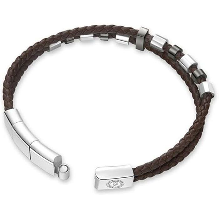 Bracelet - POLICE - Freeway - Acier inoxydable - Cuir marron - Largeur large