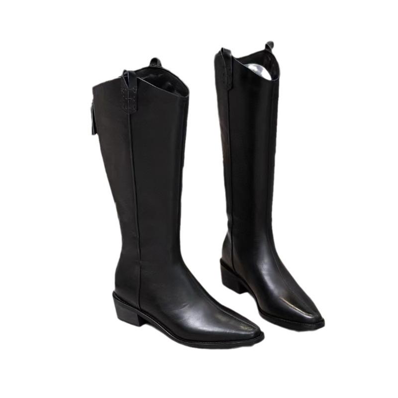 Lange Stiefel, Damenschuhe, Spitzstiefel mit Fleece, Dicke Absätze, Schlankmachende Stiefel