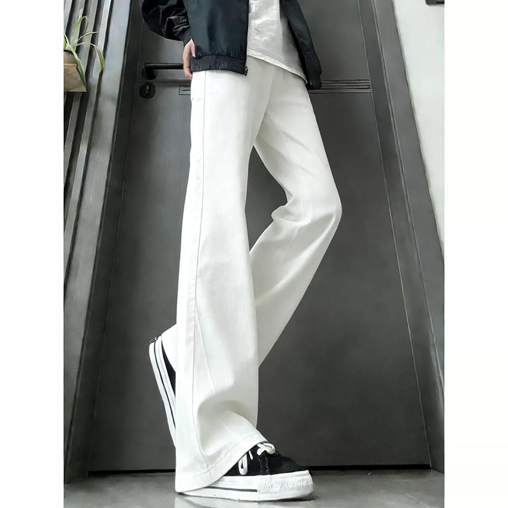 Guochao Light Blue Diagonal Cut Micro-pull Jeans Men's American High Street Cleanfit Straight Thin Micro-pull Pants