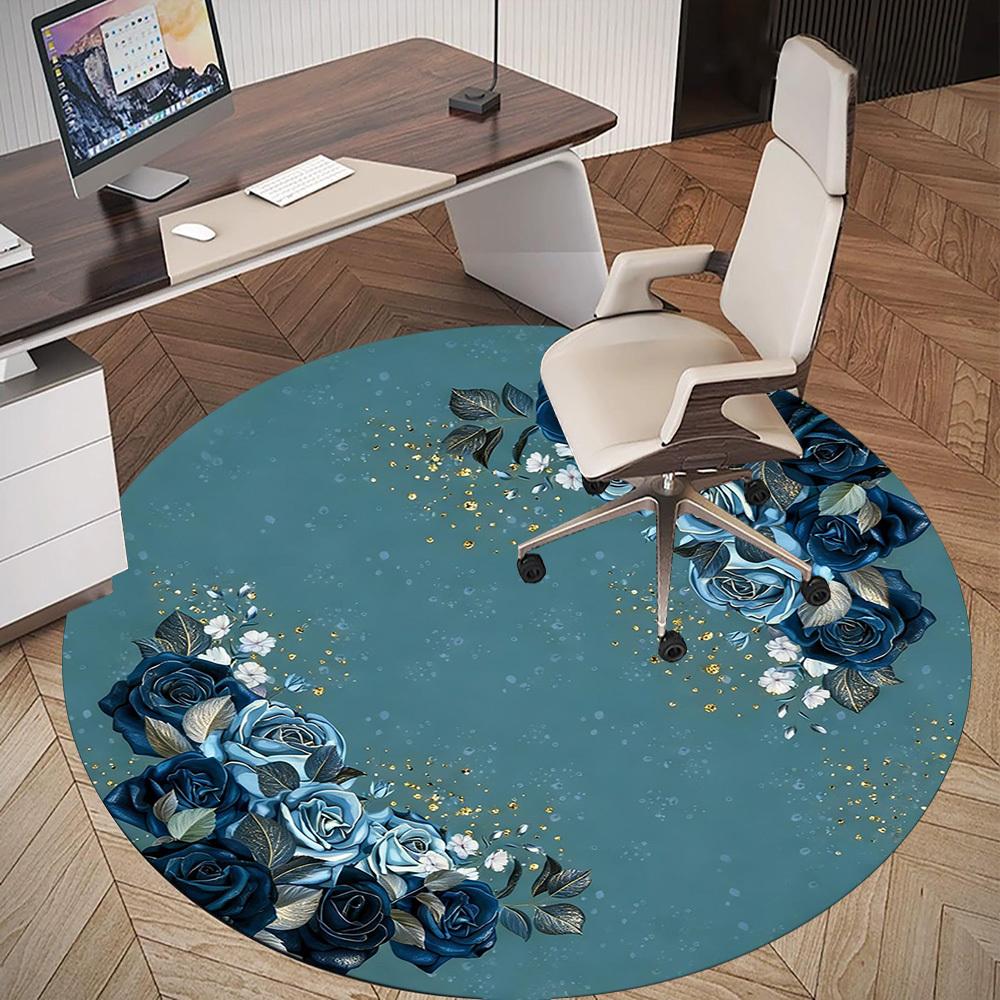 1pc Blue Roses Floral Round Chair mat office Area Rug - Non-Slip, Floor Mat for Office, Bedroom, and Indoor Decor p127247