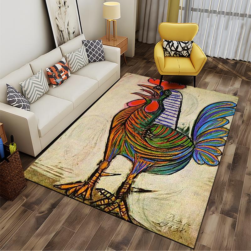 Colorful Artistic Rooster Illustration Rug Non-slip Rug Suitable for Living Room and Bedroom Sofas.