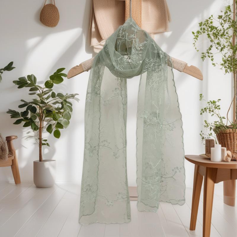 New Lace Long Scarf Embroidered Small Flower Silk Female Korean Version Literary Retro Versatile Decorative Shawl Summer