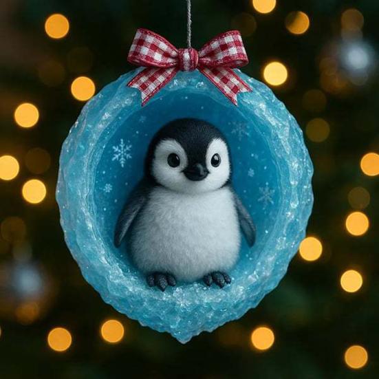 Kutup Hayvanı Yılbaşı Süsleri 2D Akrilik Buzlu Mağara Askılı Dekor Kutup Ayısı Penguen ile Noel Ağacı Süsü