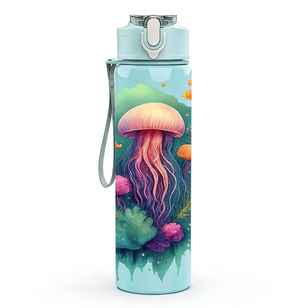 1PC Colorful Jellyfish Art 750ml Color Plastic Sports Water Bottle Leakproof Flip Straw Lid Suitable for Sports Office Home Use