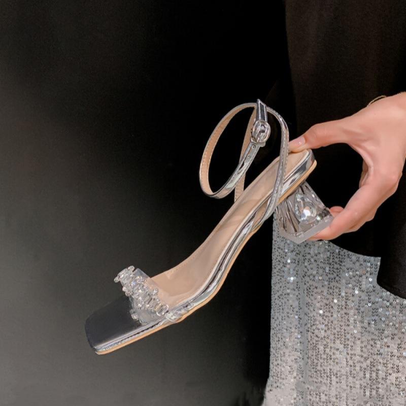 Rhinestone Transparent Sandals Women's 2025 New Summer French Temperament Socialite Crystal Thick Heel Versatile Silver High Heels