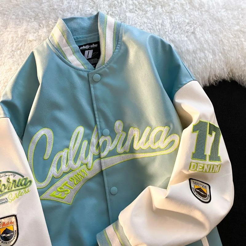 American retro letter embroidery leather jackets coats women's 2024 new street trend all-match baseball uniform couple loose top