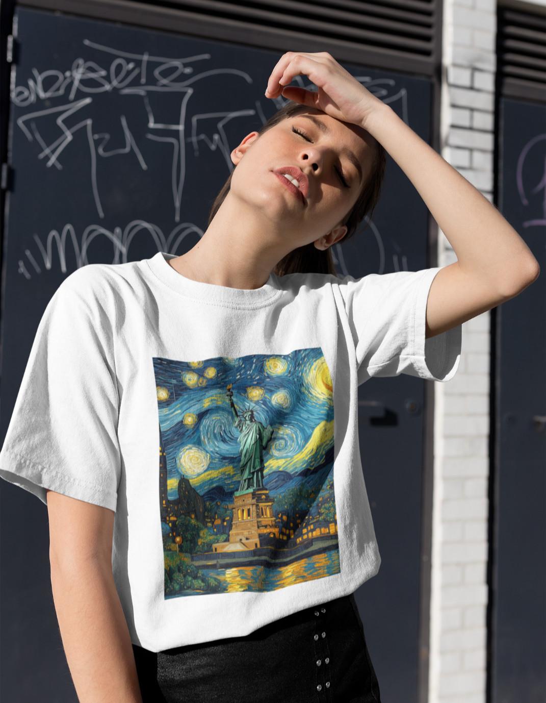 Statue of Liberty Van Gogh Art T-Shirt Mens Womens Tees Top NYC Retro Graphic Unisex Tee L