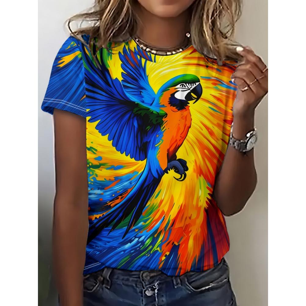 2026 Summer Fashion 3D Parrot Print Women T-Shirts Casual O-Neck Short Sleeve Tees Animal Print Trend Daily Wear Female Clothing