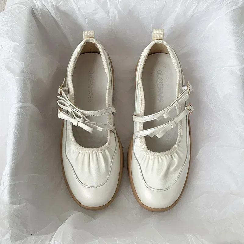 Silver Mary Jane Shoes for Women Sneakers New 2025 Fashion Bowknot Belt Buckle Casual Shoes Soft Leather Platform Walking Flats