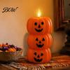 Spooky Holiday Home Accents Halloween 3 Tier Stacked Pumpkin Candle Light, Flickering Flameless LED Fall Atmosphere Ornaments Candle, Battery Operated
