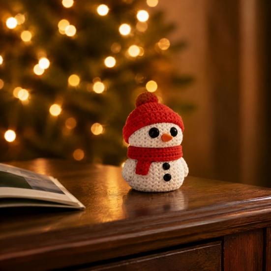 Festive Snowman Decor 3D Printed Knitted Figurine, Christmas Statue with Red Knit Decorative Hat and Scarf, Mini Sculpture for Holiday Desk Decoration