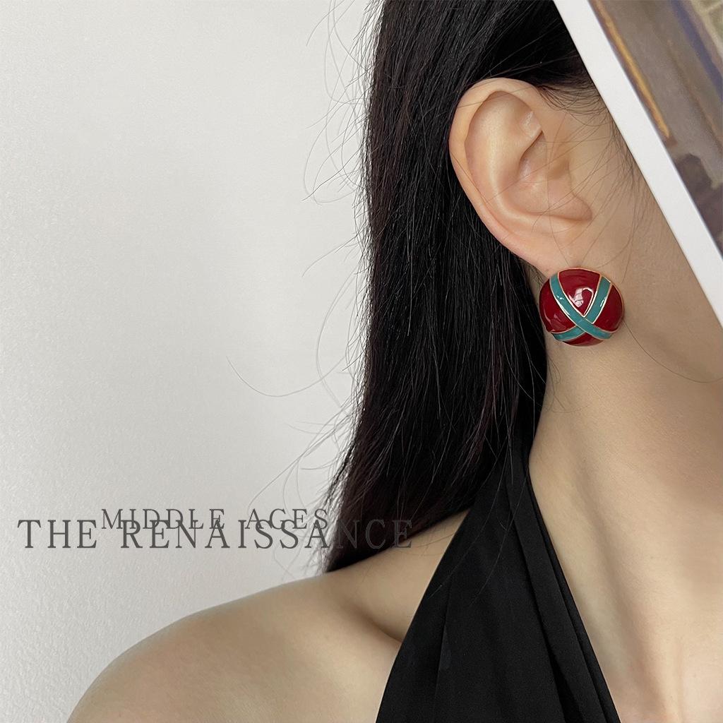 Boucles d'oreilles pendantes vintage en émail rouge bordeaux - Clous de style rétro français