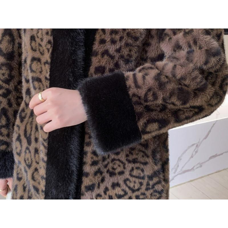 Elegant Long Leopard Print Coat Winter Thickened Mink Fur Jacket Fashionable Outerwear