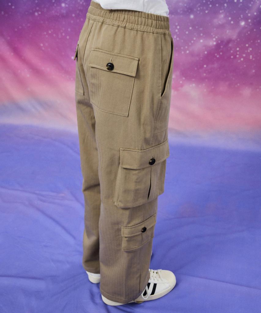 WAIKEI Multi-Pocket Cotton Cargo Elastic Waist Pants Beige