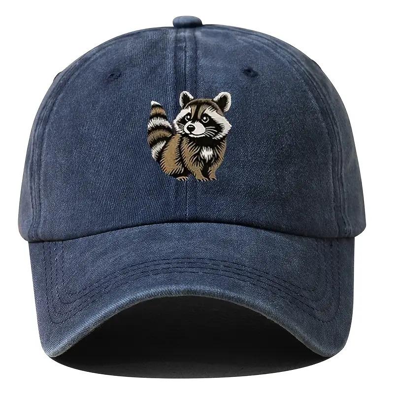 Raccoon Print Denim Baseball Cap Unisex Distressed Polyester Adjustable Outdoor Casual Hat