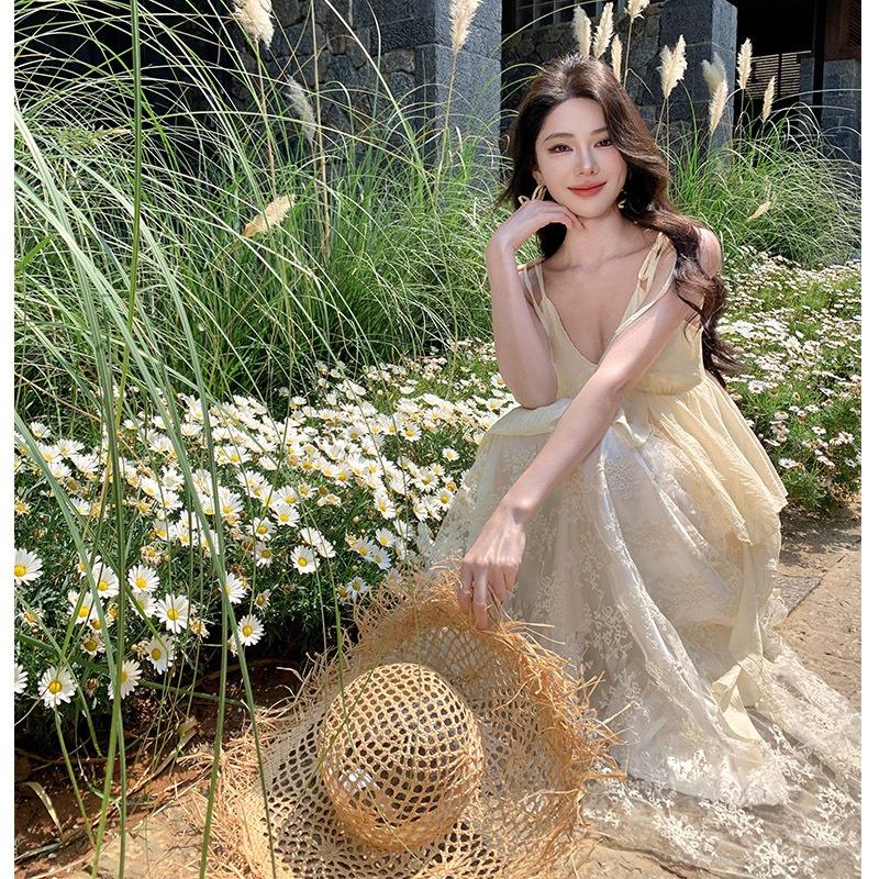 New Cinderella Romantic Heavy Industry Embroidery Suspender Long Dress Collar Lace Splicing Travel Vacation Long Dress