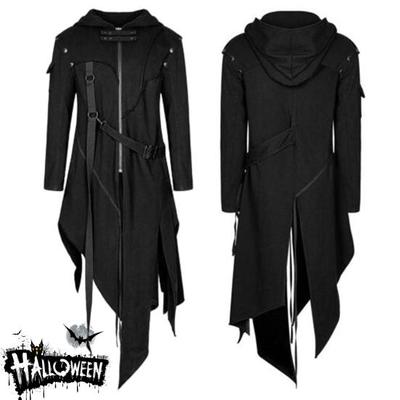Pánský dlouhý kabát podzim zima jednobarevný s nepravidelnými dlouhými rukávy s kapucí na zip s pásky svrchní kabát pro Halloween