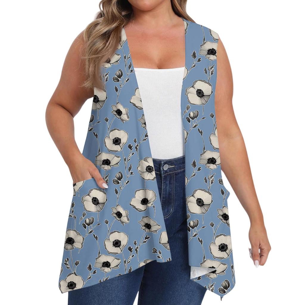 Women's Oversized Loose Casual Printed Sleeveless Vest With Pocket Cardigan Jacket Cardigan Jacket