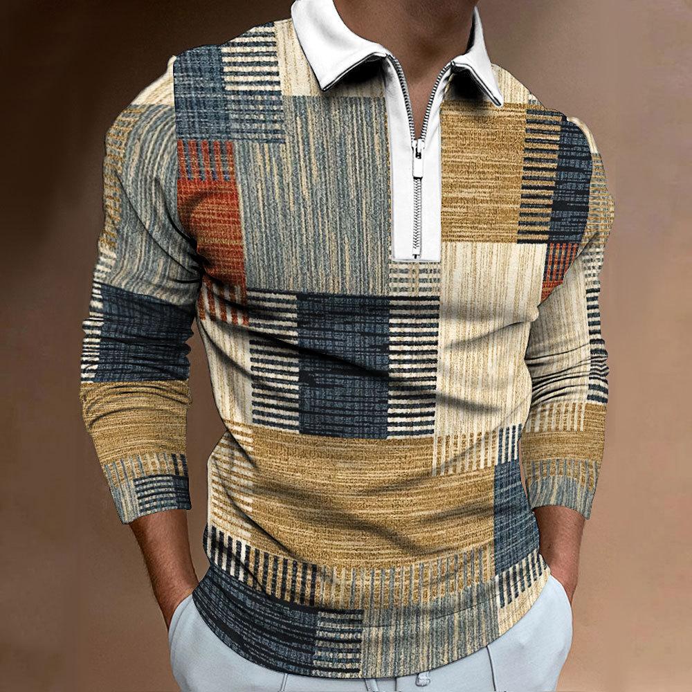 Men's Zip Casual Sweatshirt Slim Men's Plaid Digital Print Long Sleeve Polo Top