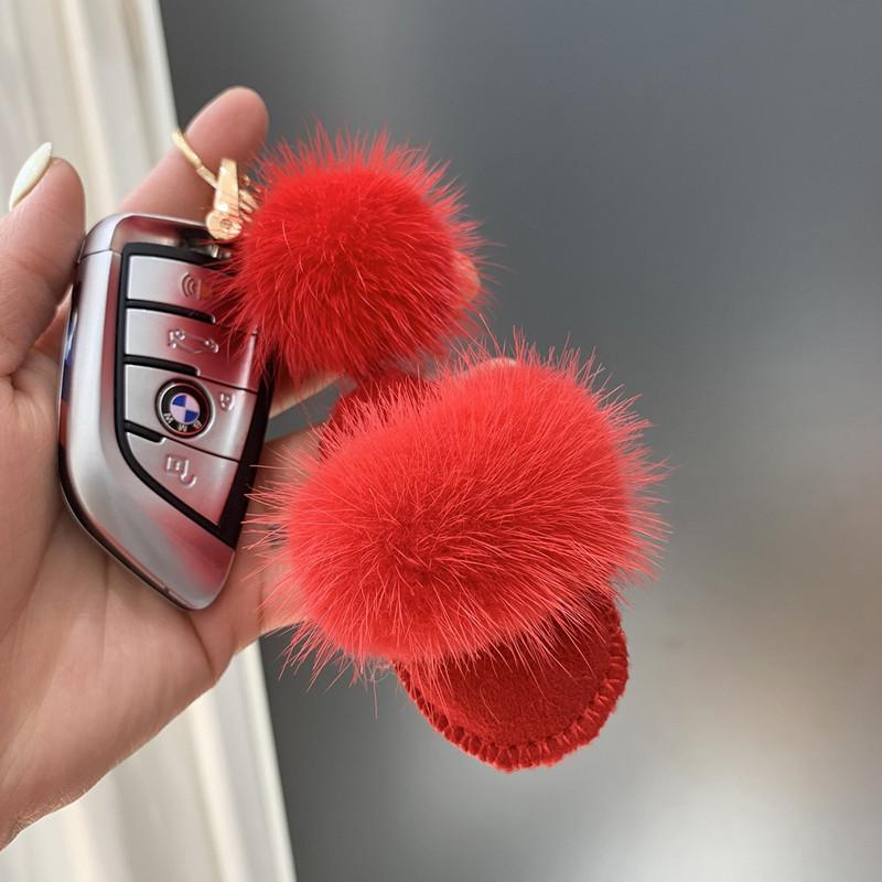 Luxury Fluffy Real Mink Fur Slippers Ball Pom Poms Fur High Quality Car Metal Ring Pendant For Women Bag Charm