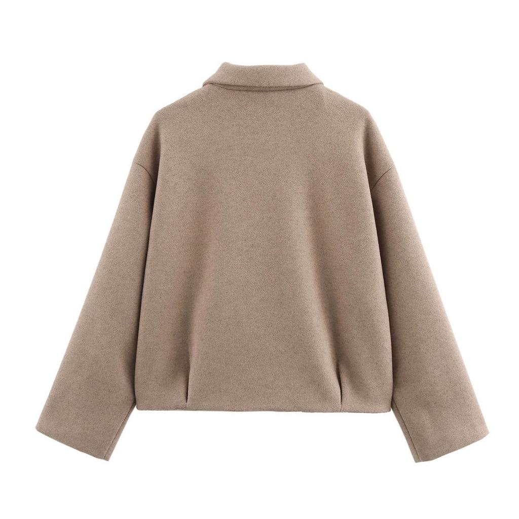 European & American Women's Fashion Casual Pleated Zipper Wool Jacket