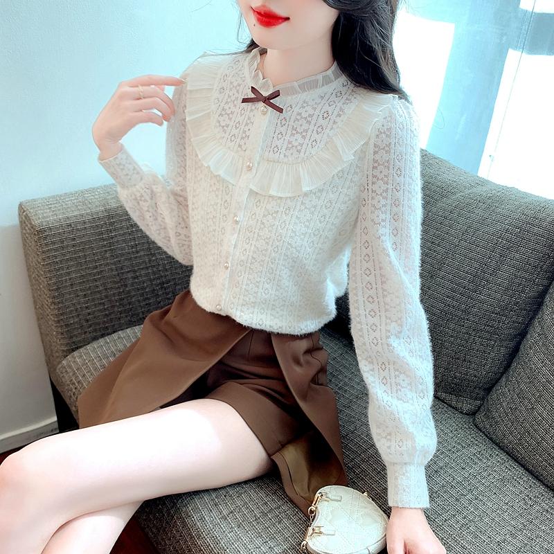 Fashion New 2024 Winter Long Sleeve Ruffled Collar Ruffles Slim Apricot Velvet Lace Blouse Shirt Women Tops Blouses Shirts J810