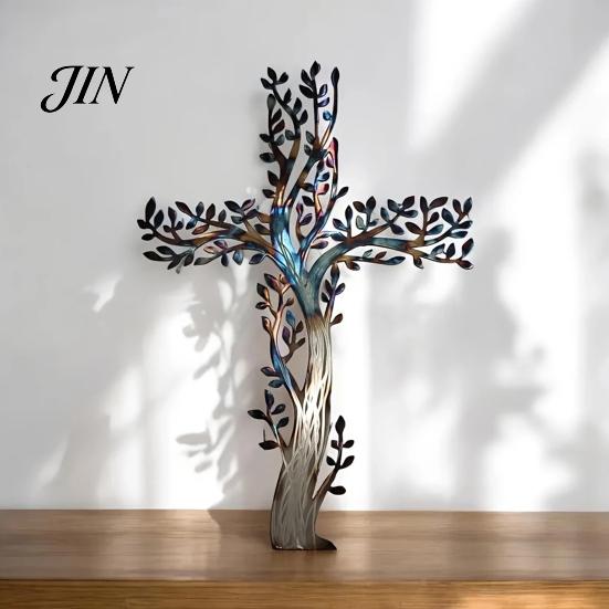Layered Tree Wall Sculpture Metal Cross Art, of Life Hanging Crosses Decor, Art for Garden Living Room Bedroom Retro Style