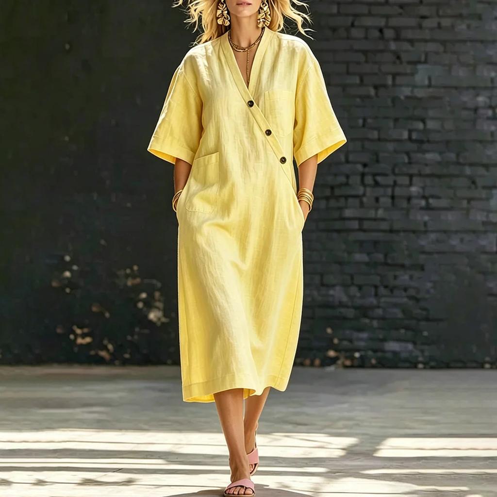 Women’s Loose Fit Linen Midi Dress V Neck Short Sleeve Button Front Casual Oversized Dress with Pockets for Everyday Wear
