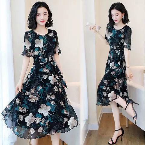 Short-sleeved straps, summer women's skirts, summer clothes, new popular temperament, waist and thin, wide and too floral long skirts