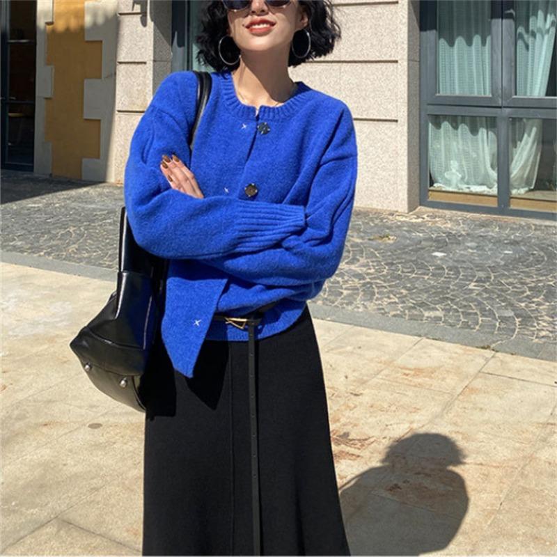 Herbst Winter Rundhals Einfarbig Strickjacke Pullover Damen Lässig Mode Vintage Strickmantel Oberteil