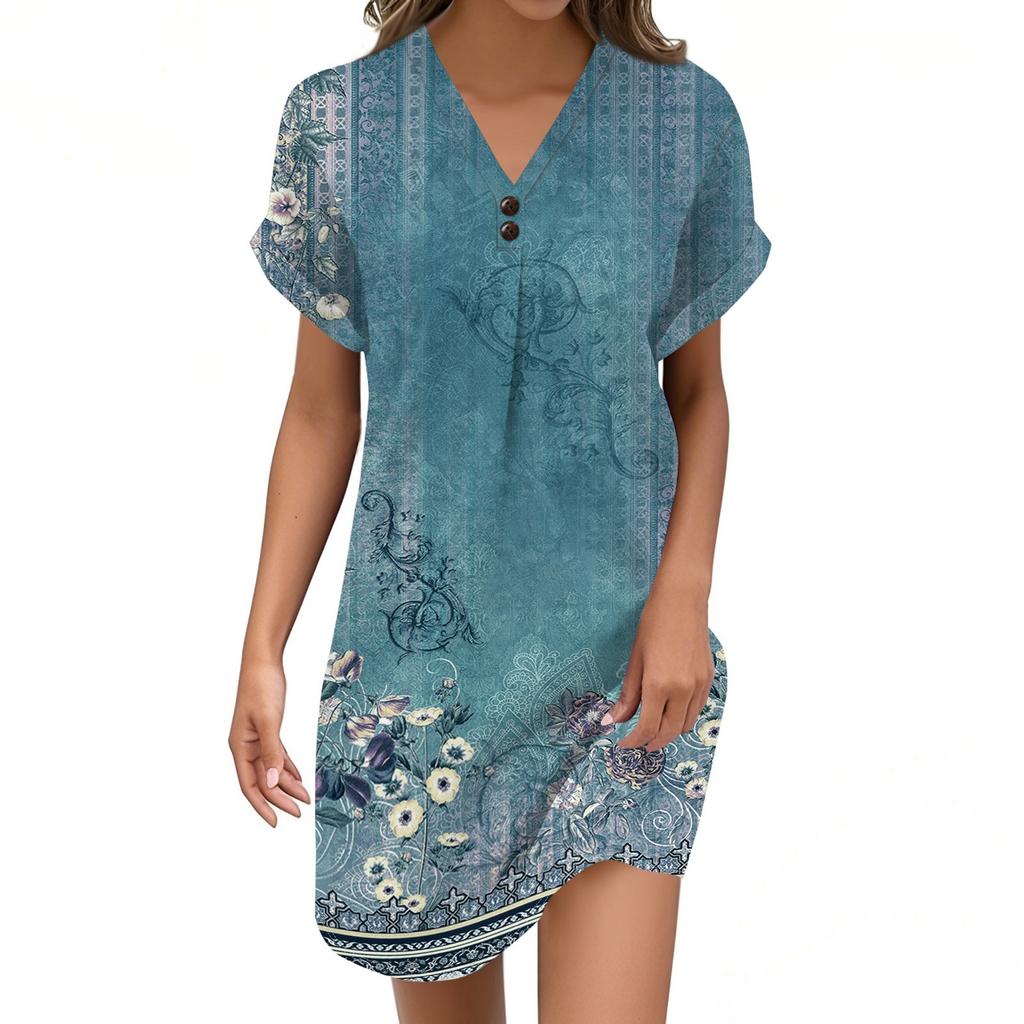 Women's V-neck Vintage Floral Print Pullover Casual Button Dress