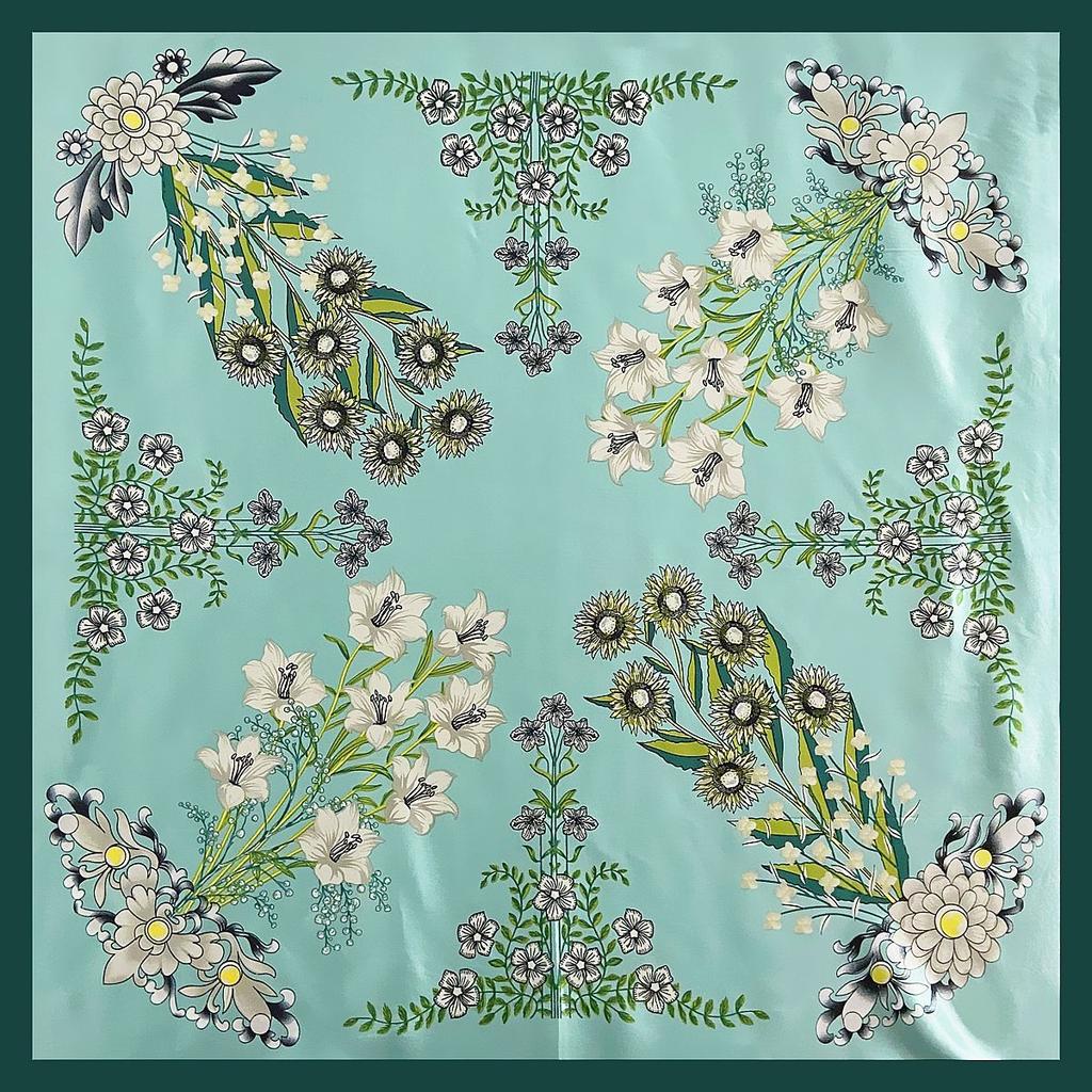 90*90cm Spring & Summer Elegant Court Rose Flower Square Silk Scarf Foulard Hijabs For Ladies