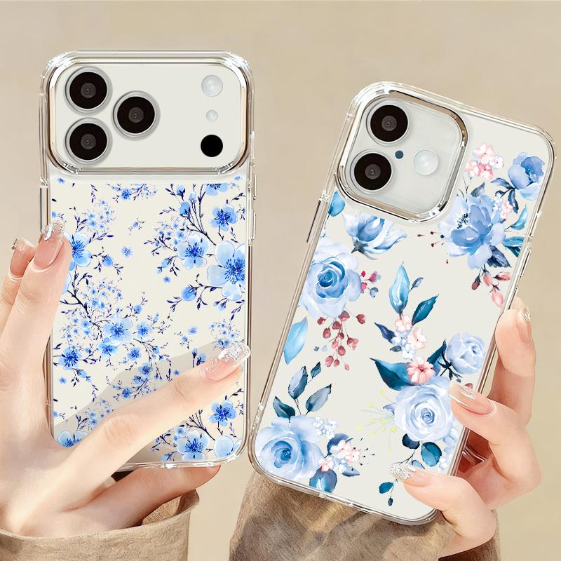 Cartoon Flowers Pattern Case For iPhone 17 Pro Max iPhone 16 15 14 13 Pro Max 11 17e 16e Plating Lens Frame Clear Soft Silicone Back Cover