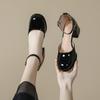 Women's Shoes Soft Leather Hollow Thick Heel Square Head Medium Heel Bag Head Sandals Women's One-word Buckle Single Shoes Women