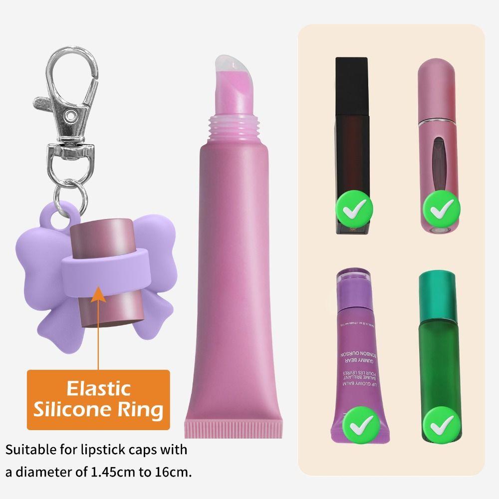 Silicone Lip Balm Holder Bowknot with Keyring Lipgloss Sleeve Portable Colorful Keychain Lip Gloss Cap for Summer Fridays