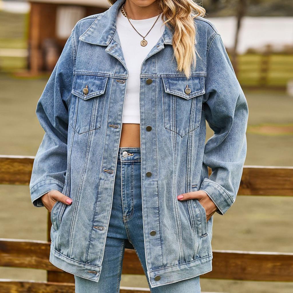 Women's Fashionable Versatile Classic Retro Color Lapel Long Sleeved Pocket Loose Denim Jacket