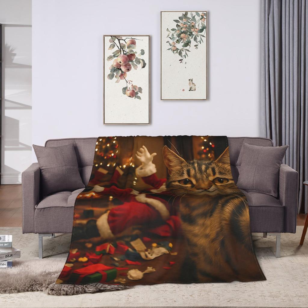 Cat Selfie with Santa Flannel Blanket Winter  Soft Bedding Throws for Child Couch Chair Funny Bedspread Sofa Bed Cover