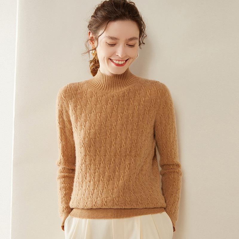Women's Cashmere Cable Knit Sweater - Half-High Collar, Loose Fit, Autumn/Winter.