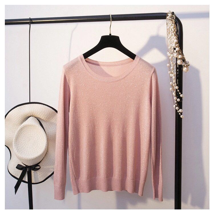 

Тонкий свободный корейский трикотажный свитер с круглым вырезом на весну и осень, длинный рукав, верхняя часть, рубашка XXL розовый