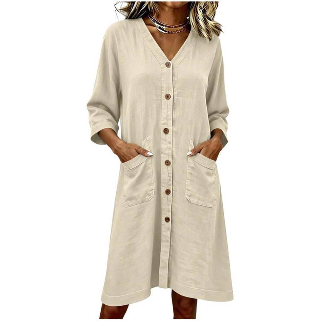 Women Loose Fit Linen Cotton V Neck Button Front Casual Seven Sleeve Dress with Pockets Relaxed Style
