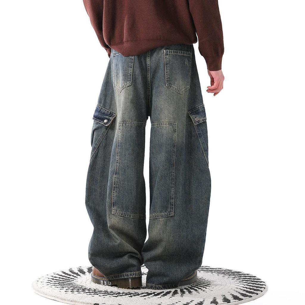 Unisex Street Style Distressed Scimitar Wide-Leg Cargo Jeans