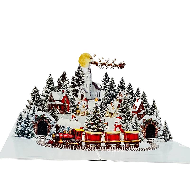 3D Christmas Card Night Before Christmas Scene With Santa, Reindeer, Snowy Village & Moonlit Sky Festive Holiday Greeting Card F